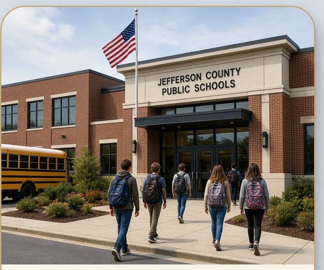 JCPS students walking into a school building.