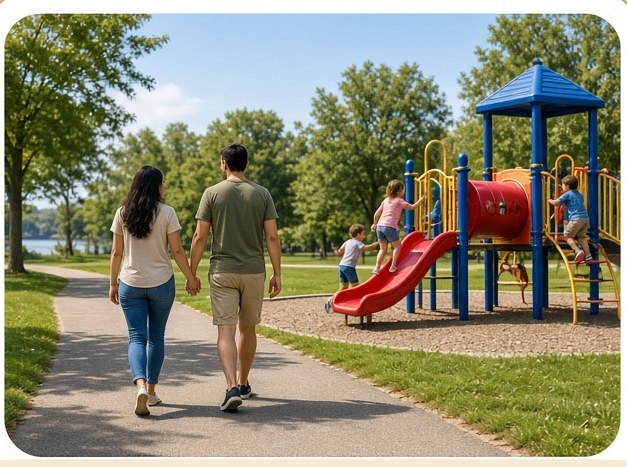 A family walking a park path past a playground in Louisville.